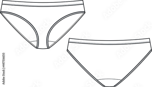 Bikini brief classic panty lingerie technical illustration. Editable underwear flat fashion sketch
