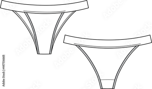Tanga brief panty lingerie technical illustration. Editable underwear flat fashion sketch