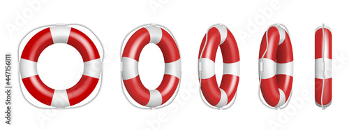 Realistic lifebuoy striped rubber hoops, rescue life belt isolated on white background