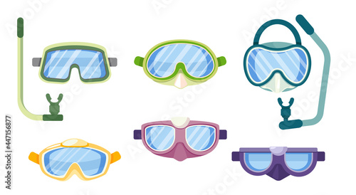 Set of Diving Equipment Snorkeling Masks, Scuba Diver Tools of Different Design. Underwater Glasses, Mouthpiece Tubes