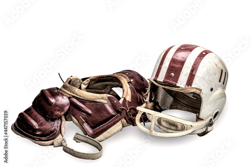 Fototapeta Naklejka Na Ścianę i Meble -  Vintage Boys Football Helmets and Leather Shoulder Pads