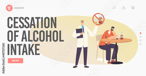 Cessation of Alcohol Intake Landing Page Template. Stop Alcoholism Addiction. Male Character with Bottle Sit at Table