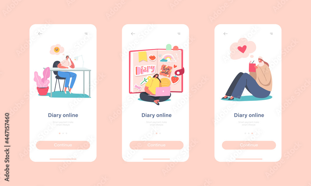 Online Diary Mobile App Page Onboard Screen Template. Tiny Female Characters at Huge Diary Writing Notes, Planning Deals Online Diary Mobile App Page Onboard Screen Template. Tiny Female Characters at Huge Diary Writing Notes, Planning Deals