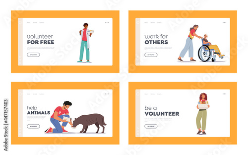 Volunteering Landing Page Template Set. Characters Help Disabled Seniors, Feeding Homeless Dogs, Delivery Grocery