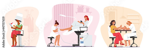 Set Women Visiting Beauty Salon. Female Apply Manicure, Pedicure and Hairstyling Procedures. Girl in Beautician Place