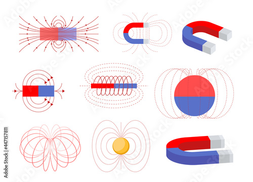 Set of Electromagnetic Field and Magnetic Force. Polar Magnet Schemes. Educational Magnetism Physics Presentation