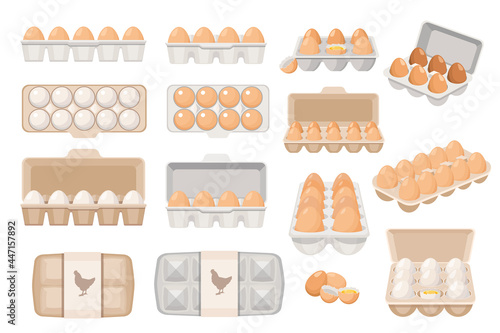 Set of Eggs in Boxes, Farmer Production, Organic Farm Food Icons for Market Place, Store or Shop. Poultry Production