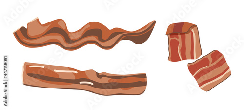 Set of Fried Bacon Slices, Thin Strips, Delicious Food for Breakfast. Rashers, Smoked Fatty Pork Meat Isolated Snack