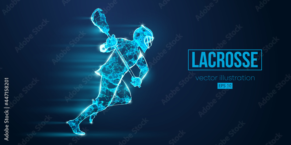 Abstract silhouette of a wireframe lacrosse player from particles on the blue background. Convenient organization of eps file. Vector illustartion. Thanks for watching