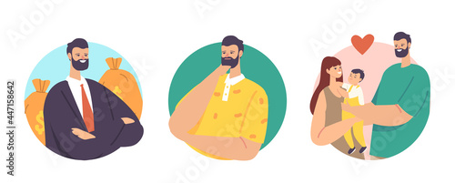 Set Men Choice. Male Character Choose between Career and Family. Businessman with Money Sacks, Father with Child