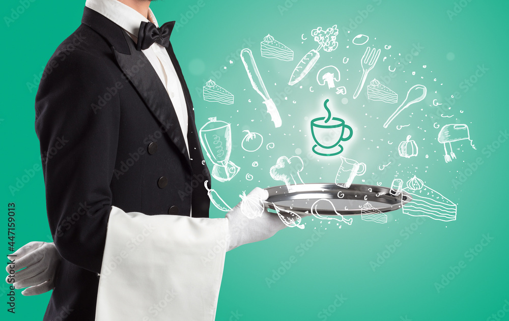 Waiter holding silver tray with food icons above Waiter holding silver tray with food icons above