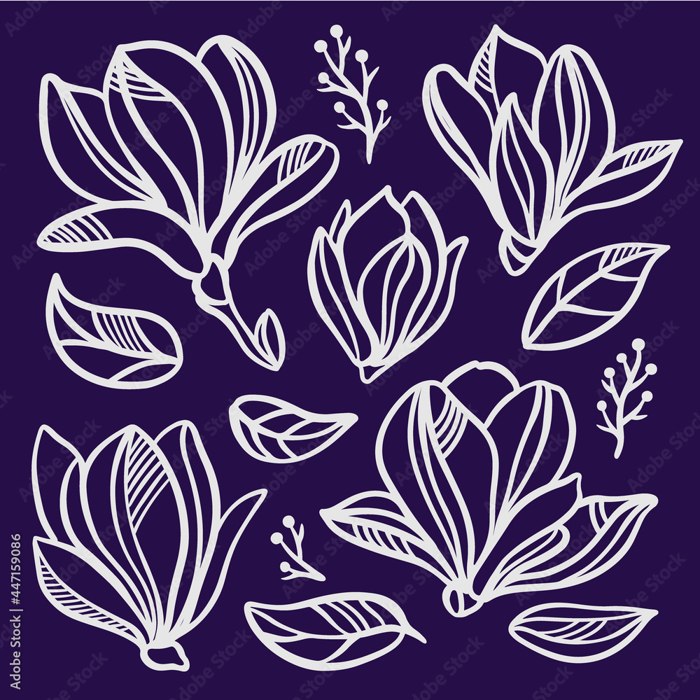 MAGNOLIA SET Floral Openworks Of Flowers Monochrome Silhouettes Of White Flowers And Leaves On Dark Blue Background Sketch Clipart Vector Illustration Collection