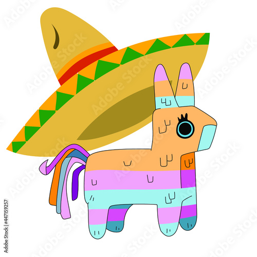 Happy Cinco de Mayo Greeting card. Funny Pinata in paper cut style. Origami Sombrero hat. Mexico, Carnival. Square frame on orange