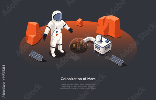 Vector Illustration In Cartoon 3D Style. Isometric Composition On Mars Colonization Concept. Dark Background, Character, Text. Cosmic Futuristic Ideas, Technological Innovations And Space Expeditions.