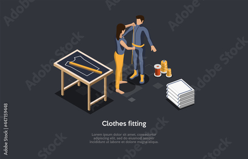 Clothes Fitting Process, Personal Suit Sewing Concept. Isometric Composition, Cartoon 3D Style Illustration. Vector Design. Seamstress Measuring Parameters Of Customer, Needlework Elements Around.