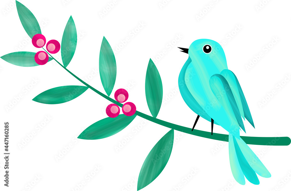 blue bird sitting on a branch with green leaves and pink berries in flat style blue bird sitting on a branch with green leaves and pink berries in flat style