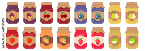 Fototapeta Naklejka Na Ścianę i Meble -  Glass jar with jam. Jars with labels fruit jam. Vector illustration.