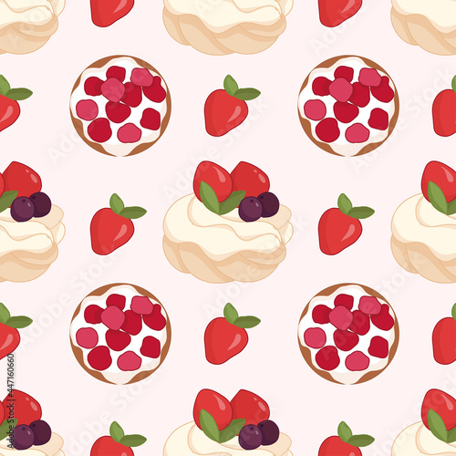 Sweet seamless pattern with pavlova meringue dessert and berry tartlet. Vector background