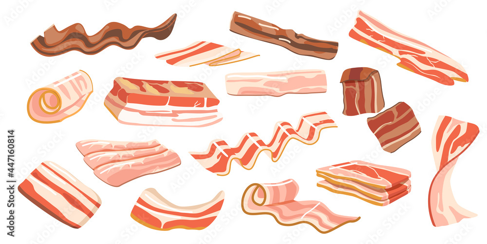 Set Thin Bacon Strips, Rashers Isolated on White Background. Brisket or Ham, Tasty Snack, Delicious Food for Breakfast Set Thin Bacon Strips, Rashers Isolated on White Background. Brisket or Ham, Tasty Snack, Delicious Food for Breakfast