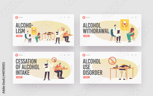 Alcoholism Landing Page Template Set. People with Alcohol Addiction, Characters Having Pernicious Habits and Abuse