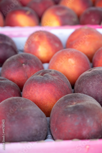 New harvest of fresh ripe yellow-red peaches fruits in Provence  France