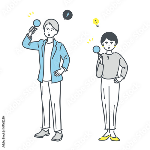 ひらめくイメージの2人のビジネスパーソンの全身イラスト素材