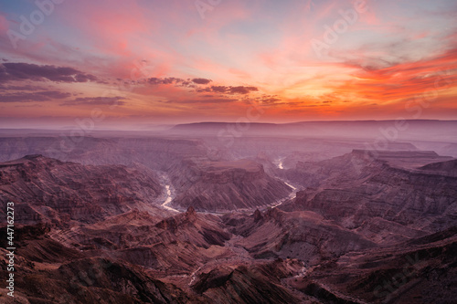 Epic sunset over the Fish River Canyon in Namibia  the second largest canyon in the world and the largest in Africa.