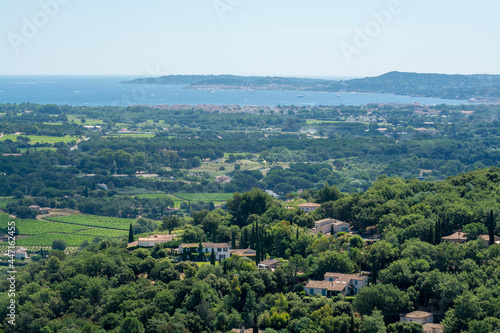 View on valley and sea from ancient french village Grimaud  touristic destination with ruines fortress castle on top  Var  Provence  France