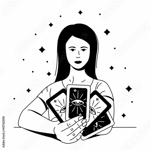 Beautiful woman prophetess  holding tarot cards. Outline black vector illustration. Boho style for icon, logotype, avatar, tattoo, poster, print design 