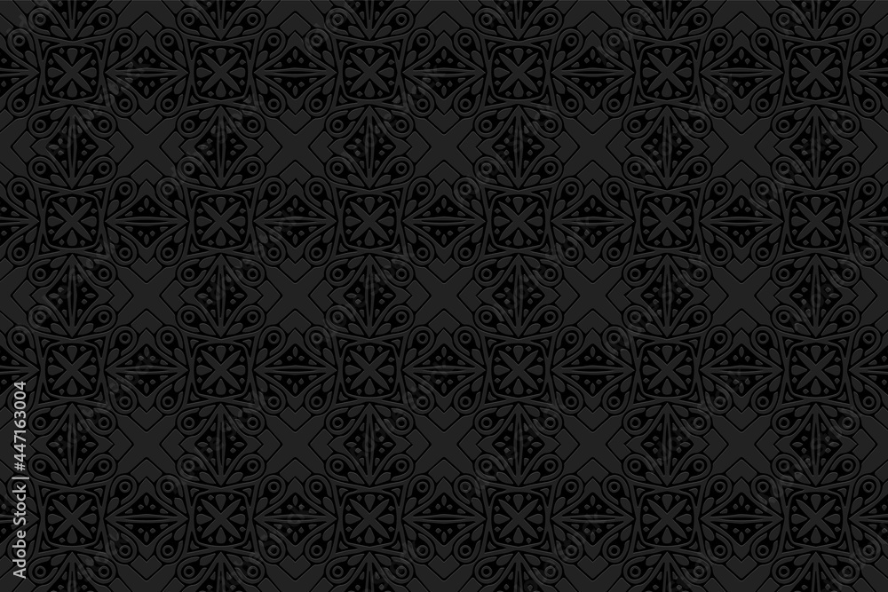 3D volumetric convex embossed geometric black background. Ethnic unique oriental, asian, indian pattern with handmade artistic elements. Doodling technique. 3D volumetric convex embossed geometric black background. Ethnic unique oriental, asian, indian pattern with handmade artistic elements. Doodling technique.