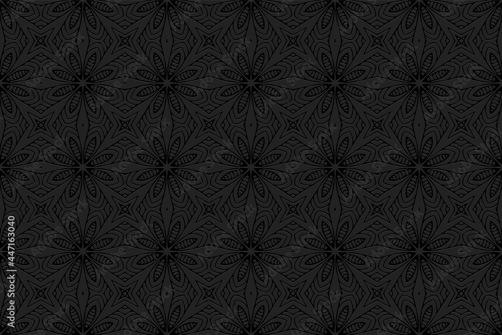 3D volumetric convex embossed geometric black background. Ethnic floral abstract oriental, asian, indian pattern with handmade elements. Doodling technique.