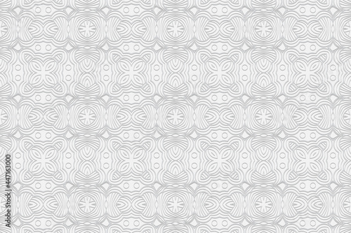 3d volumetric convex embossed geometric white background. Ethnic unique oriental, asian, indian pattern with handmade curly elements. Doodling technique.