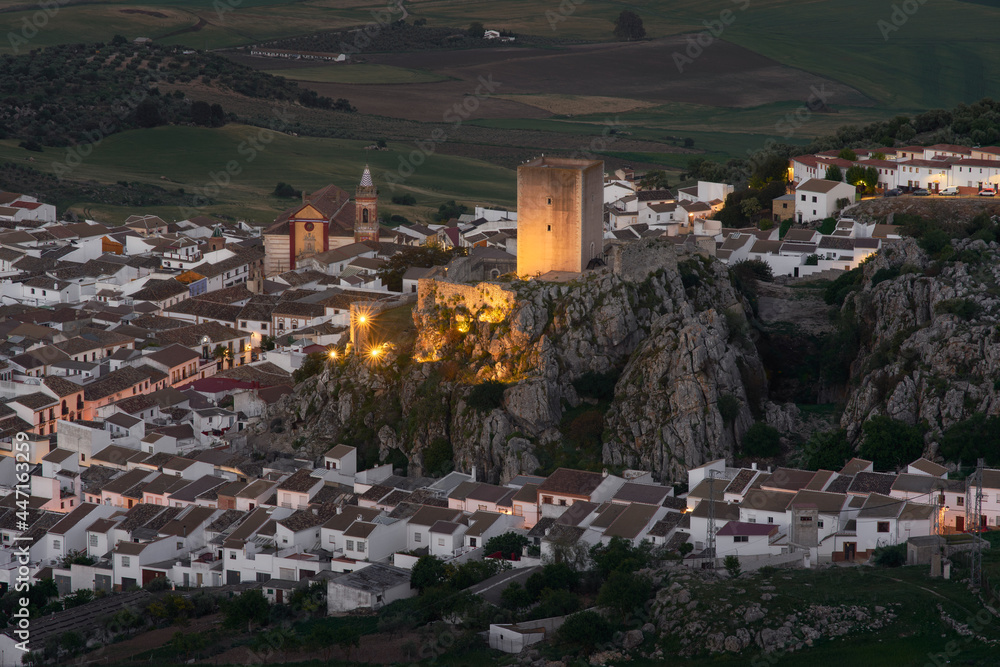 aerial night view of the town of Cañete la Real in the province of Malaga. Spain