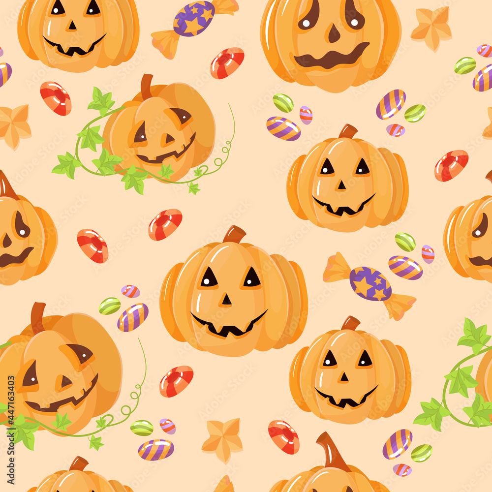 Beautiful seamless pattern. Sweets, pumpkins, candies. Set of Elements for the celebration of Halloween. Vector illustration isolated on white background.