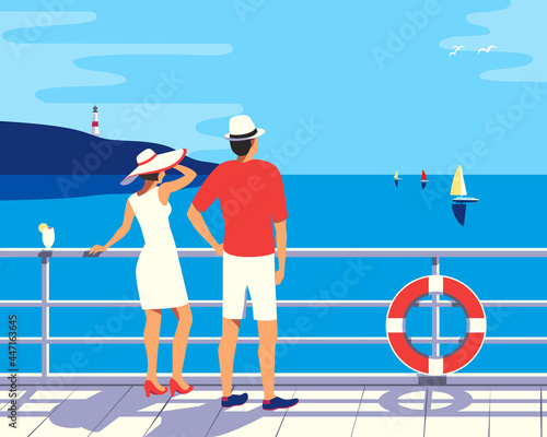Couple enjoy ocean cruise vacation vector poster. Female, male on ship vessel deck simple pop art style illustration. Tourists relax sailing on cruise liner. Romantic seascape scenic view background