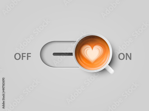 Vector 3d Realistic Off, On Switch with Milk Foam Coffee in White Ceramic, Porcelain Coffee Mug. Capuccino, Latte, Heart Pattern. Concept Creative Banner with Coffee Cup. Design Template. Top View