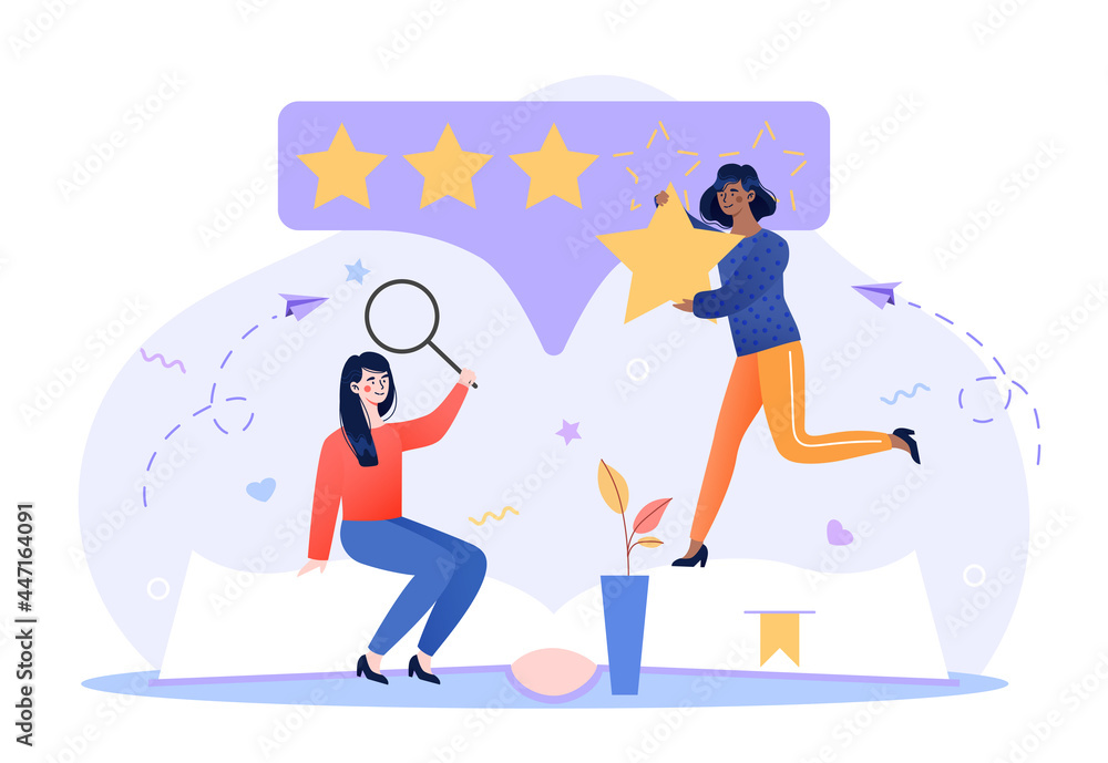 Book review. Reading feedback concept. Literature professional analysis for quality rating assessment and appraisal. Choice report scene with opinion publication. Flat cartoon vector illustrations