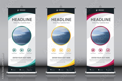Roll up vertical standee banner design template vector with image and 3 titles. Information advertisement branding X-banner and Street Business Flag Exhibition banner. Editable color 3 in 1