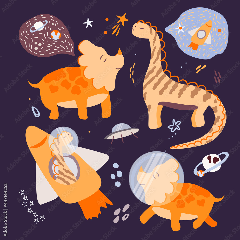 Cute dinosaurs in space set. Sketch dinosaur astronauts, planets, stars ...