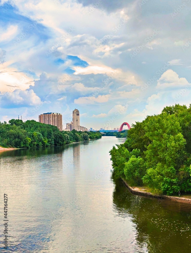 Russia, Moscow, Tushino, Moscow River Canal, day, summer, view, sky, clouds, distance Russia, Moscow, Tushino, Moscow River Canal, day, summer, view, sky, clouds, distance