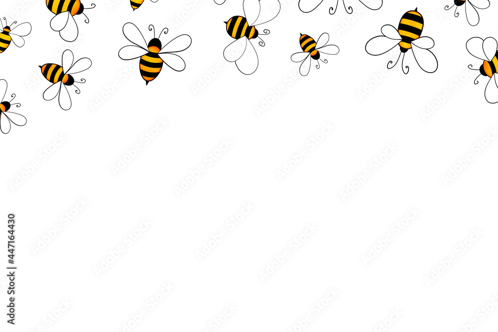 Cartoon cute bee mascot. Merry bee with an empty table. Small wasp. Vector character. Insect icon. Holiday template design for invitation, cards, wallpaper, school, kindergarten. Copy space Cartoon cute bee mascot. Merry bee with an empty table. Small wasp. Vector character. Insect icon. Holiday template design for invitation, cards, wallpaper, school, kindergarten. Copy space