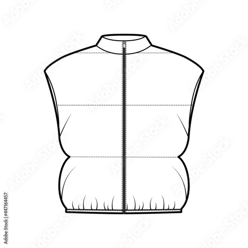 Down vest puffer waistcoat technical fashion illustration with sleeveless, stand collar, zip-up closure, crop length, wide quilting. Flat template front, white color. Women, men, unisex top CAD mockup
