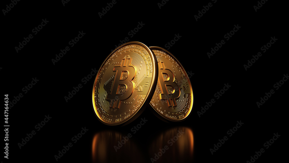 Bitcoin golden coin with gold. Digital currency. Cryptocurrency concept. Money and finance symbol. Crypto illustration. 3D rendering. Bitcoin golden coin with gold. Digital currency. Cryptocurrency concept. Money and finance symbol. Crypto illustration. 3D rendering.