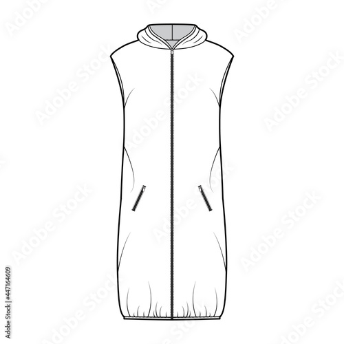 Down vest puffer waistcoat technical fashion illustration with sleeveless, hoody collar, zip-up closure, pockets, loose fit, knee length. Flat template front, white color style. Women, men, CAD mockup