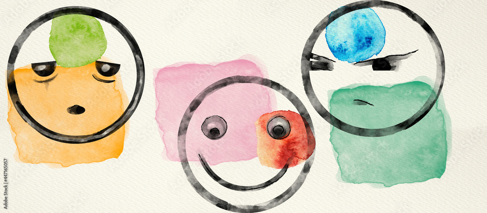 Feeling expression emoticons. Watercolor design elements - obrazy, fototapety, plakaty 