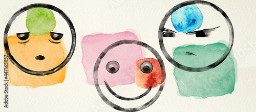 Feeling expression emoticons. Watercolor design elements photo