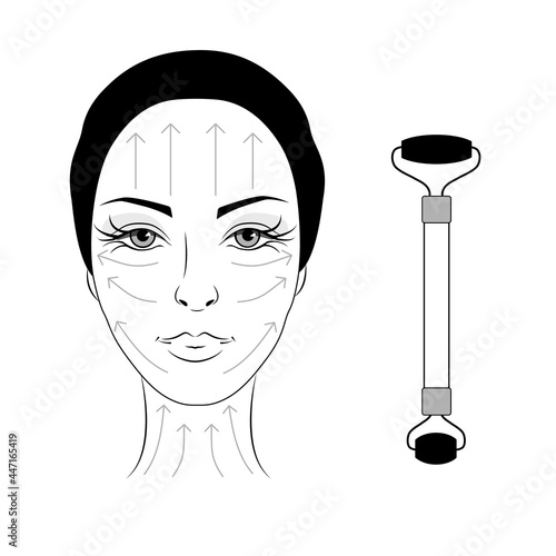 Jade facial massage. Woman face with massage lines. Beautiful woman with jade massage roller. Chinese gouache massage. Flat vector illustration isolated on white background
