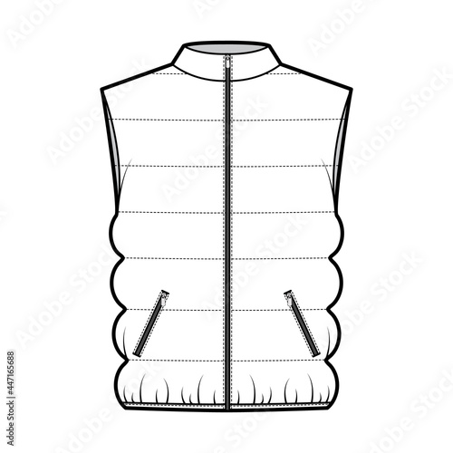 Down vest puffer waistcoat technical fashion illustration with stand collar, zip-up closure, pockets, oversized, classic quilting. Flat template front, white color. Women, men, unisex top CAD mockup