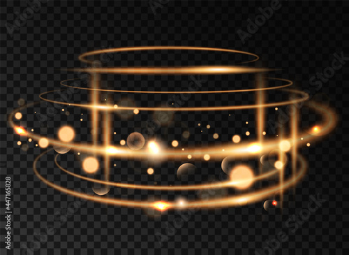 Golden tornado with bokeh effect. Rotating glowing ellipses. Dynamic neon circles