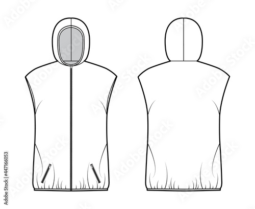 Hooded Down vest puffer waistcoat technical fashion illustration with zip-up closure, pockets, oversized body, hip length. Flat template front back white color style. Women, men, unisex top CAD mockup